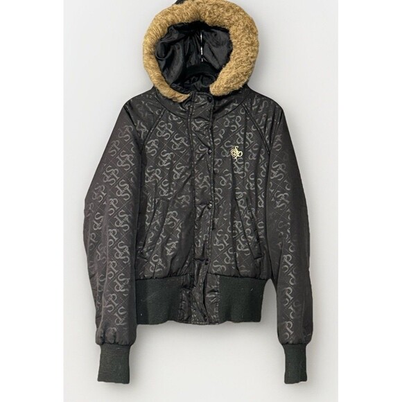 VTG Southpole Jacket Black SP Logo Puffer Coat Faux Fur Trim Hooded Down y2k L - Picture 1 of 7